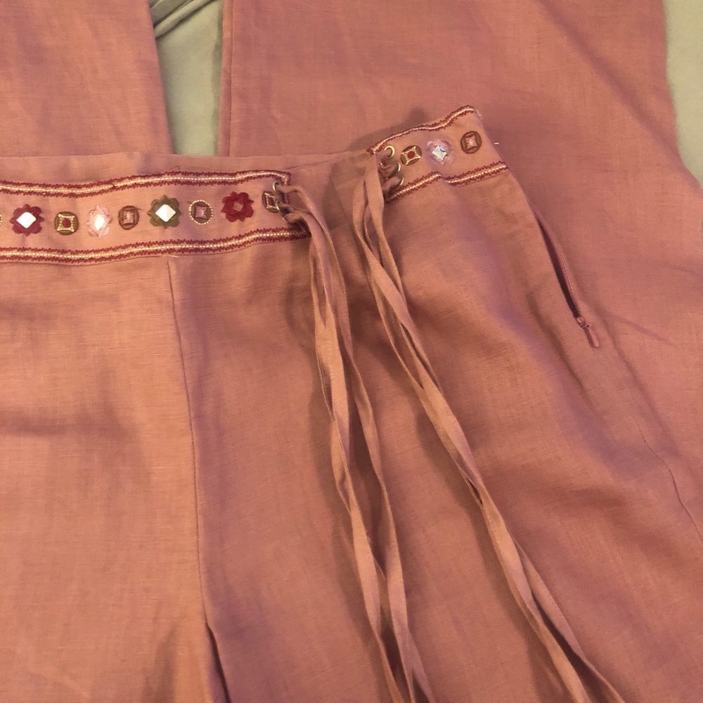 High-Waist Mauve Linen Wide-Leg Pants with Waist Tie
